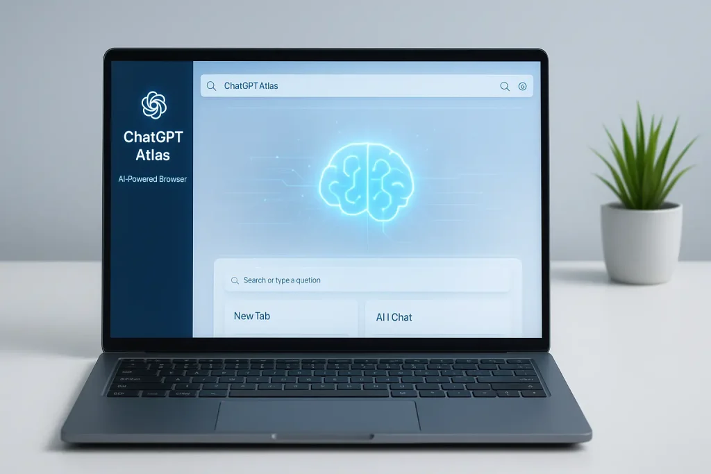 Laptop showing ChatGPT Atlas AI-powered browser with sidebar and modern interface.