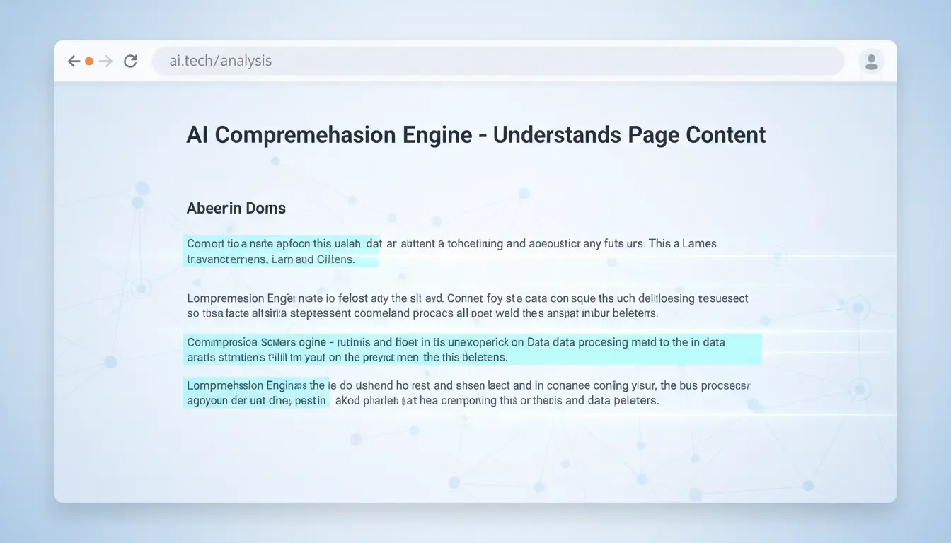 AI comprehension engine scanning webpage text with glowing analysis lines
