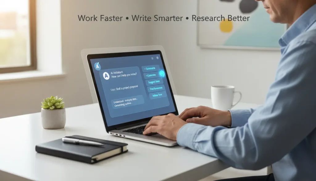 Person working efficiently on laptop with AI assistant enhancing productivity.