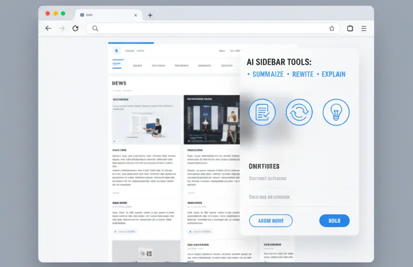 ChatGPT Atlas sidebar showing summarize, rewrite, and explain tools on a browser.