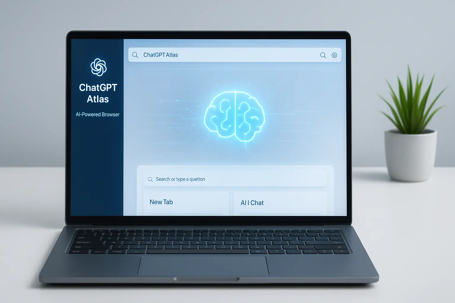 Laptop showing ChatGPT Atlas AI-powered browser with sidebar and modern interface.