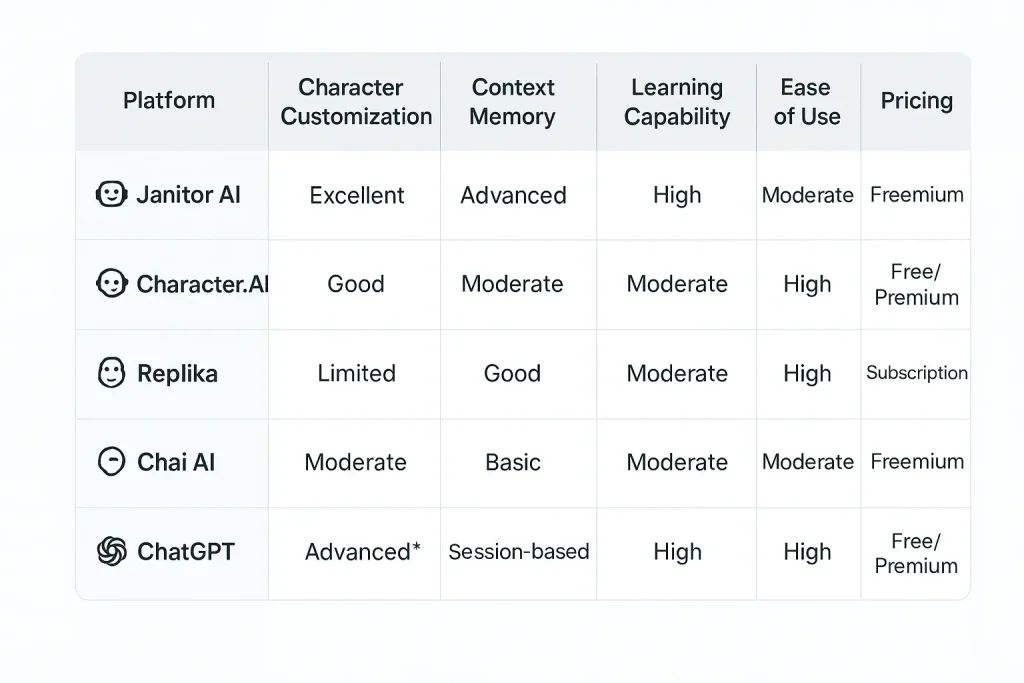 Comparison chart of Janitor AI and other AI chatbots