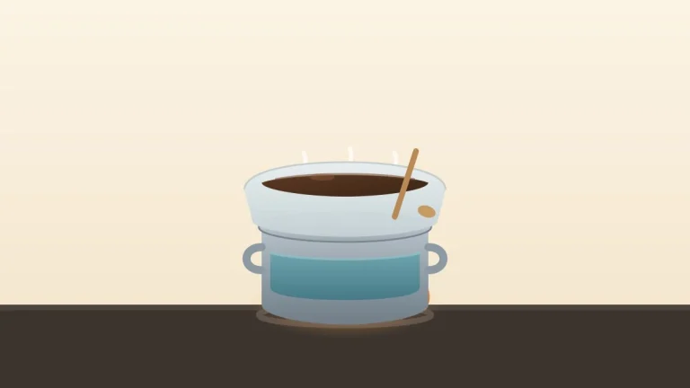 Diagram showing how a double boiler works, with a bottom pot of simmering water heating a top bowl of melted chocolate through steam