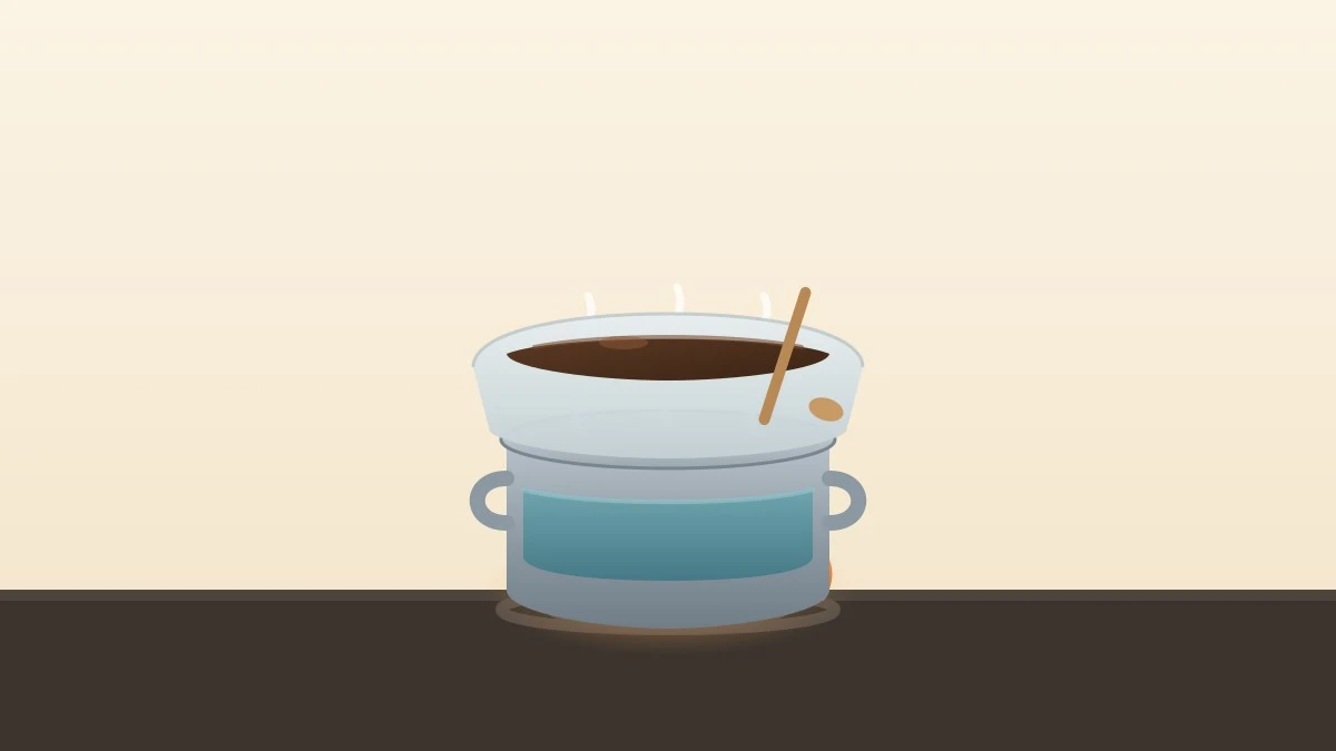 Diagram showing how a double boiler works, with a bottom pot of simmering water heating a top bowl of melted chocolate through steam